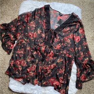 Torrid Top Floral Sheer Babydoll Bell Sleeve Gold Metallic Striped Flowy Size 4X